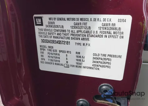 2004 Buick Rendezvous Cx z USA, uszkodzony, nr VIN 3G5DA03E04S572181